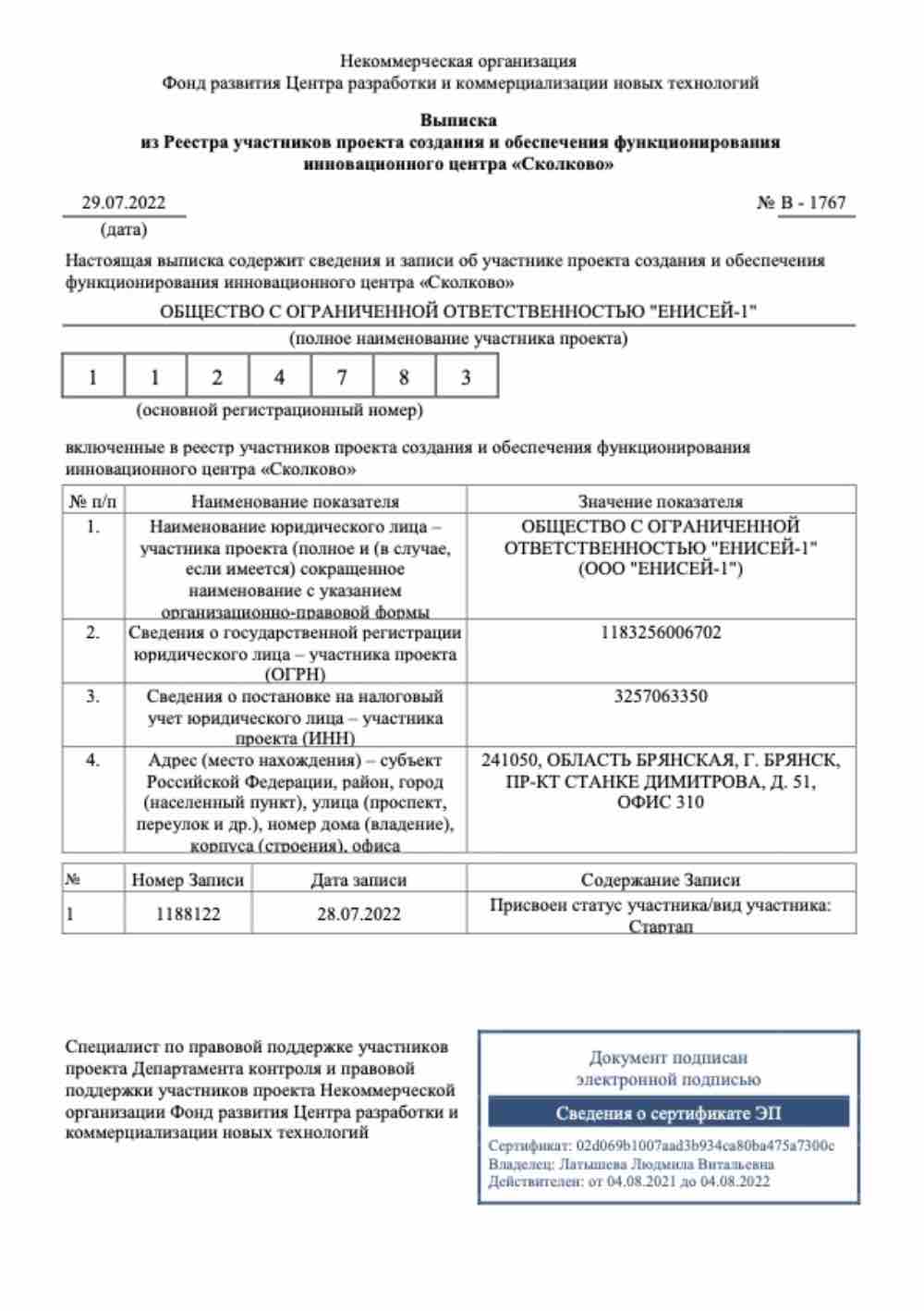 Реестр участников проекта сколково